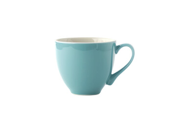 Obraz premium Minimalist light blue ceramic cup isolated on white background representing tea or coffee crockery and elegant household design.