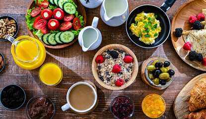 Breakfast served with coffee, eggs, cereals nd croissants