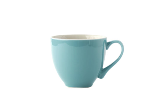 Minimalist light blue ceramic cup isolated on white background representing tea or coffee crockery and elegant household design.