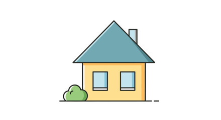 Simple illustration of a detached house with a blue roof and yellow walls surrounded by a small green bush on a white background