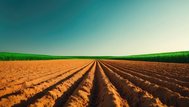 Expansive farmland with furrowed fields stretching towards the horizon under a clear sky. Agriculture and cultivation, concept. Rural land and farming landscapes.