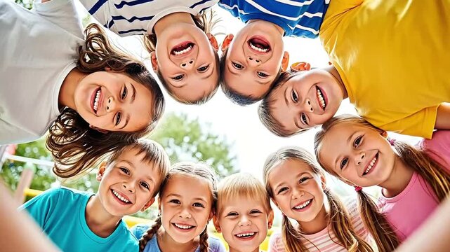 Group of cheerful children smiling and looking down at the camera in a circle, showing unity and friendship on a bright sunny day.