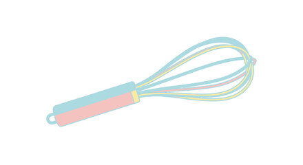 A simple illustration of a kitchen whisk with a pastel handle and metal wires for blending and mixing ingredients
