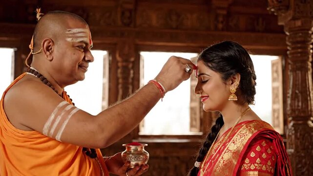 Temple priest applying sacred tilak on devotee&rsquo;s forehead inside ornately carved mandir, representing spiritual blessing