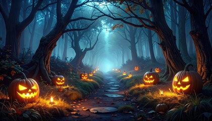 Spooky Halloween Night with Glowing Jack-o'-Lanterns in Forest