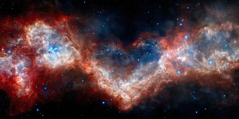 Naklejka premium A breathtaking celestial vista showcases vibrant hues of red, blue, and white nebulae, a heart-shaped formation against a backdrop of countless stars.