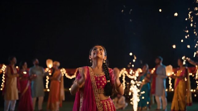 Young girl in vibrant lehenga releasing lantern into the night sky during Diwali festival, symbolizing light over darkness
