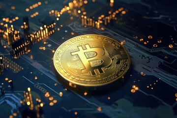 Golden bitcoin coin placed on a futuristic circuit board at night