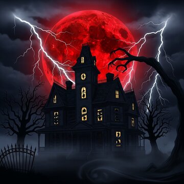 Spooky Haunted House with Lightning and Blood Moon Halloween Horror Concept