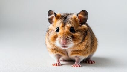 A cute hamster with brown and black fur on a plain background.