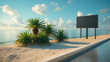 Naklejka premium Beach scene with palm plants and a blank billboard by the ocean under a partly cloudy sky.