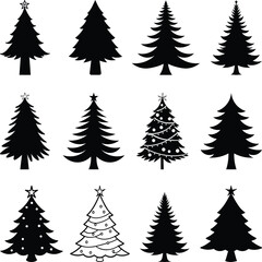 Collection of Christmas Tree Silhouettes, Black and White Christmas Trees, Holiday Season Decorations
