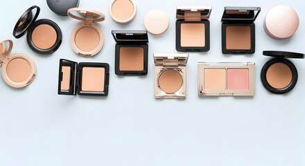 Arrangement of Face Powders and Blushes on Light Blue Surface