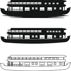 Houseboat Silhouette Clipart, Kerala houseboat SVG, Houseboat tours Kerala, Houseboat Vector Illustration Black and white Background