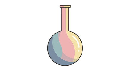 A Colorful Round Bottom Flask with a Long Neck Showing Stripes of Pink Blue and Yellow Against a White Background