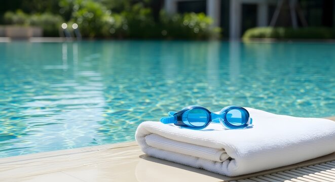Swimming goggles and white towel by pool
