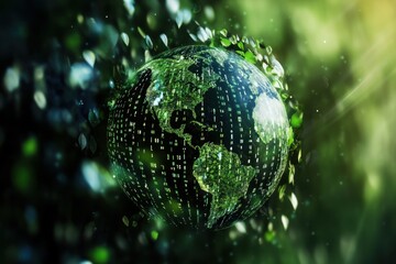 Exploring digital connections in a vibrant green earth representation with binary code