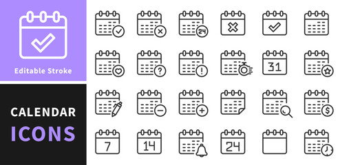 Calendars thin line icon set. Containing date, schedule, month, week, appointment, agenda, organization and event icons. Editable stroke. Calendar outline symbol collection. Vector illustration