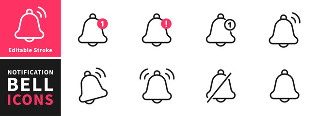 Notification bell icon set. Alarm symbol. Incoming message symbol. Bell for subscribe, alarm and push chat alert. New notification, reminder. Golden bell shakes to alert you to an upcoming schedule