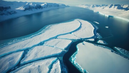 Aerial view of icebergs and glaciers in the Southern Ocean with snow-capped mountains in the background. Antarctica landscape with ice formations and frozen waters.