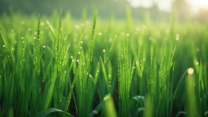 Obraz premium Lush green grass with dew drops in the morning sunlight. Nature and environment, freshness, growth, and vitality. A peaceful and vibrant natural scene.
