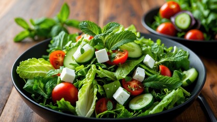Fresh vegetable salad with lettuce, cherry tomatoes, cucumbers, and feta cheese.