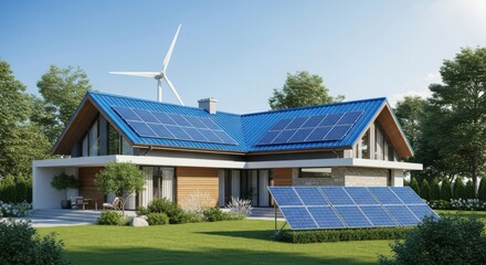 Obraz premium Modern Home with Rooftop Solar Panels and Wind Turbine Generating Clean Energy