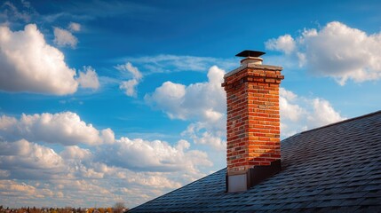 Brick chimney on house roof against blue sky