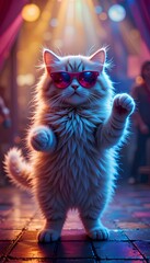 Comical Dancing Cat in Sunglasses at a Bright, Festive Party Scene