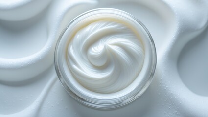 Cream or yogurt in a glass jar with a swirl pattern, surrounded by a creamy liquid or foam. Dairy product or dessert. Smooth and creamy texture.