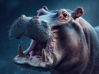 Hippo displays powerful yawn underwater in wildlife habitat during daylight