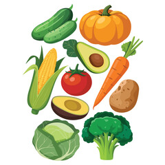 Set of fresh vegetables isolated on white background