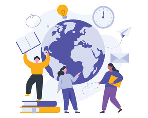 Illustration of three people engaging with globe, books, and icons symbolizing global education, learning, and collaborative knowledge sharing