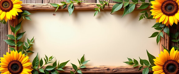 Rustic International Day of Happiness border with natural wood textures and sun elements for text space concept as Rustic happiness frame featuring natural wood textures and sun elements for text plac