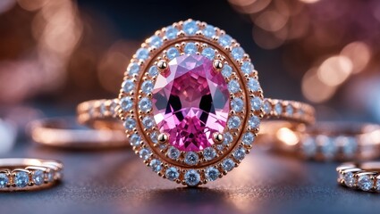 Close-up of a pink gemstone ring with surrounding diamonds, showcasing intricate jewelry craftsmanship and elegance.