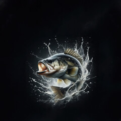 Striking largemouth bass leaping leftward amid bubbles and splash on starry navy background. Great for angler souvenirs, adventure prints, showcasing dynamic motion