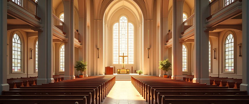 Refined Ascension Day Church Service Design: Meticulous Architectural Integration, Innovative Liturgical Layouts, Elegant Ceremonial Spatial Planning - Photo Stock Concept
