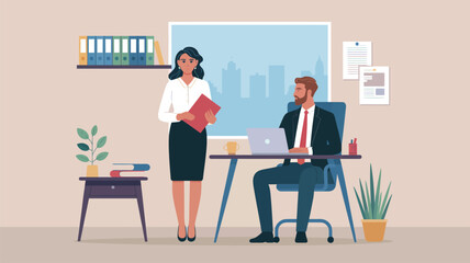 Illustration of two professionals in office setting with laptop and project folder, symbolizing teamwork, planning, and corporate communication