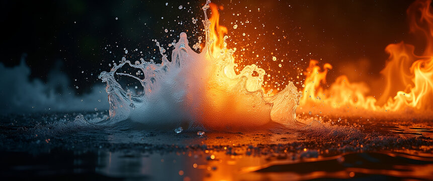 Dramatic image of water splashing against intense flames symbolizing conflict and contrast between elements, with empty space on the left side for text or overlay.