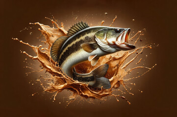 Vibrant largemouth bass splashing upward with amber wave burst on brown background. Great for warm fishing designs, souvenir prints, highlighting natural motion
