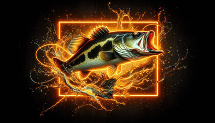 Vibrant largemouth bass exploding from water with fiery orange splash on black background. Ideal for bold fishing tees, angler apparel, showcasing intense sport energy