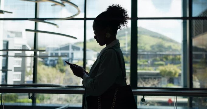 Business, check or woman with phone in office corridor, scroll email or website for project update. Notification, electronic communication or person in company, tech or internet for productivity