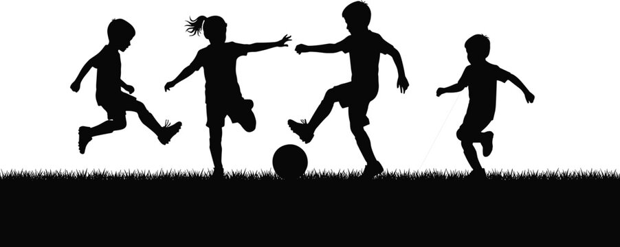 Fototapeta Silhouettes of energetic children playing soccer outdoors on grass, showing active movement, kicking ball, teamwork, fun, and childhood activity
