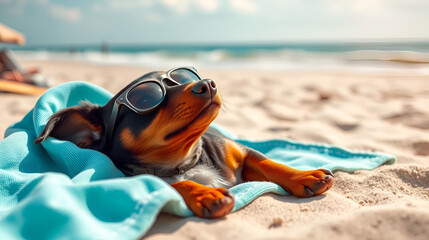 Dog in sunglasses lies on beach sunbathing in sun trying to relax nervous fussing. Guilt while on holiday workaholic on vacation. Dachshund puppy sand towel resting. Restart burnout