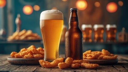 A glass of beer, a beer bottle, and fried food on a table in a cozy pub or restaurant setting.