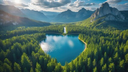 Fototapeta premium Lush green forest surrounding a blue lake with a waterfall and mountain range in the background. Natural scenery and landscape.