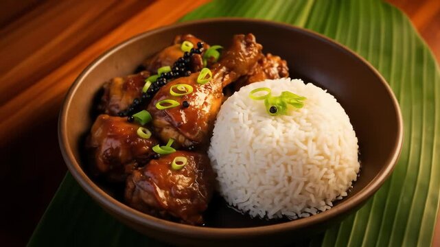 Traditional filipino chicken adobo with rice and peppercorns served in a bowl on a banana leaf