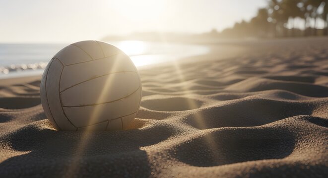 Volleyball on beach with morning sunlight