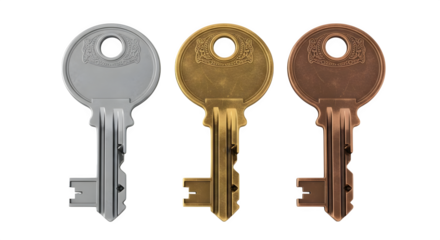 Silver, Gold, and Bronze keys shine on black. Security concepts, real estate, finance, and unlocking potential. Use for web design and marketing.