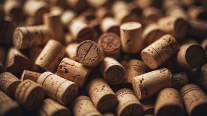 Close-up of numerous wine corks, showing their textures and stamps.
